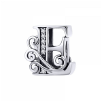 Talisman charm din Argint 925 KRASSUS Letter E cu Zirconiu pentru bratara sau pandantiv lant model litera, KRASSUS