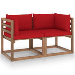 Canapea din paleti de gradina vidaXL, 2 locuri, perne rosii, lemn pin, 64 x 64 x 70 cm, 23.1 kg