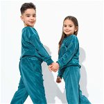 Treninguri Fete Trening copil lejer din catifea turcoaz cu bluza si pantaloni