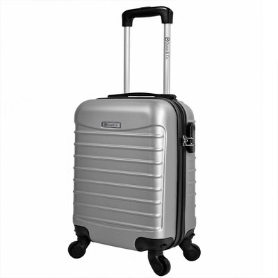 Troler cabina avion Quasar & Co.®, 40x30x20cm, bagaj de mana, troller cu fermoar sigur, cifru, maner telescopic lung, geamantan cu 4 roti duble, detasabile, 360°, valiza ABS 2.8 mm, rezistent, 2 compartimente cu buzunar, 10kg, LINE, argintiu