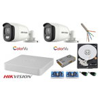 Sistem supraveghere Hikvision 2 camere 2MP Ultra HD Color VU full time ( color noaptea ) DVR 4 canale, accesorii, Hikvision