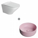 Set vas wc rimless cu capac soft close Bristol plus lavoar baie rotund roz mat, Foglia