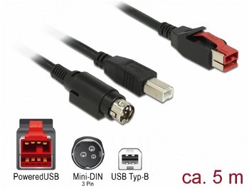 Cablu PoweredUSB 24V la USB-B + Hosiden Mini-DIN 3 pini 5m pentru POS/terminale, Delock 85491, Delock