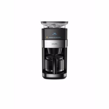 Cafetiera Krups Grind&Brew KM832810, vas din sticla, 1.25L, rasnita de cafea metalica, 3 setari, display digital, cronometru, Negru/Metalic