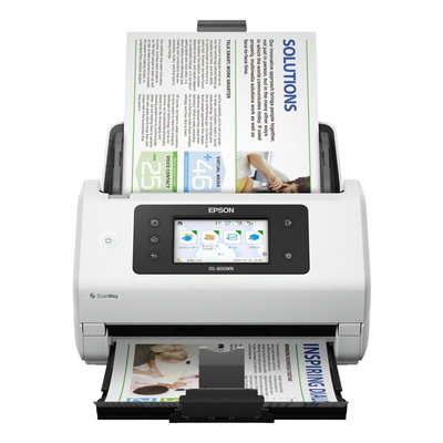 Scanner Documente Epson WorkForce DS-800WN, scanare duplex 50 ppm / 100 ipm, ADF 100 coli, rezolutie 600 dpi, USB 3.2, Wi-Fi, Ethernet, ecran touchscreen 10.9 cm, OCR, PDF Searchable, scanare directa fara PC, retea integrata, Alb