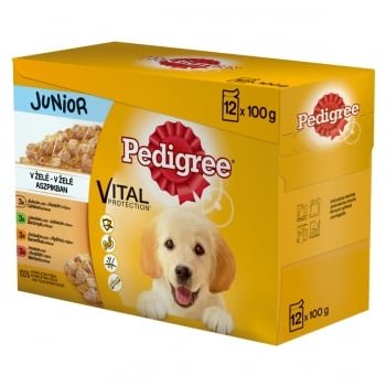 PEDIGREE Vital Protection Junior Multipack, 4 arome, pachet mixt, plic hrană umedă câini junior, (în aspic), 100g x 12, Pedigree