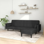 Canapea extensibilă 2 locuri, 2 perne/taburet, negru, textil