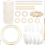 Set de creatie cu fir macrame inele si margele LLGLEU, bumbac/ lemn/pene, bej/natur