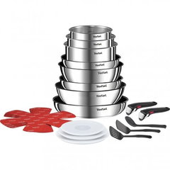 Set 20 piese Tefal Ingenio Emotion, inductie, tigai 22/24/28 cm, tigaie saute 24 cm, wok 26 cm, cratite 16/18/20 cm, 2 manere detasabile, capace ermetice 16/18/20 cm, 4 protectii tigaie, 3 spatule, argintiu