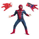 Set costum Spiderman cu muschi, pentru 7-9 ani si 2 lansatoare, rosu, IdeallStore