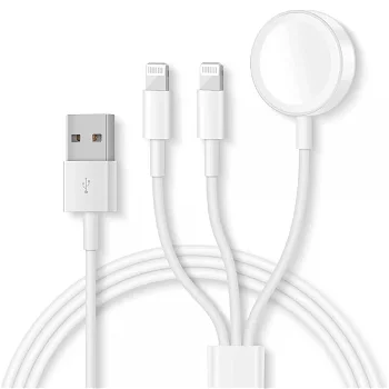 Cablu de incarcare Apple 3 in 1 pentru iWatch iPhone si iPad incarcare magnetica si lighting 1m lungime port usb alb, krasscom