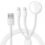 Cablu de incarcare Apple 3 in 1 pentru iWatch iPhone si iPad incarcare magnetica si lighting 1m lungime port usb alb, krasscom