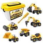 Set 6 Masini de Jucarie Pitikot   , Vehicule de Constructii, Demontabile, Include Betoniera, Buldozer, Buldoexcavator, Camion, Excavator, Compactor, Surubelnita, Instructiuni si Cutie de Depozitare - R