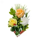 Aranjament floral deosebit 3 trandafiri cutie , flori de sapun,buburuza, 10x10 cm, OEM