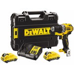 Masina de gaurit si insurubat DeWalt DCD701D2-QW, 2 acumulatori Li-Ion, 12 V, 2.0 Ah, 1500 rpm, 57 Nm incarcator, valiza (Galben/Negru), DeWALT