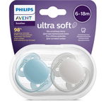 Set 2 suzete Philips-Avent SCF091/17, ultra soft 6-18 luni, Ortodontice, fara BPA, Gri/Albastra, Philips Avent