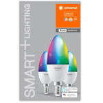 Set 3 becuri inteligente LED RGBW Ledvance SMART+ Wi-Fi, B40, E14, 4.9W (40W), 470 lm, dimabil, lumina alba si colorata, compatibil Amazon Alexa/Google Assistant, clasa energetica F