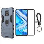 Set protectie 2 in 1 pentru Xiaomi Redmi Note 9 Pro cu husa hybrid antisoc cu stand inel si folie sticla ceramica fullsize si breloc cadou, dark blue