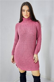 Pulover lung tricotat Desire, cu laterale decupate, Roz, Marime S/M/L, FashionForYou