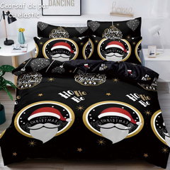 Lenjerie pat dublu,  FINET, 6 piese, cu ELASTIC, Craciun, Jojo Home, Negru-Multicolor, Ho-Ho-Ho, JOJO Home