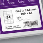 Etichete autoadezive A4, 64.3 x 33.8 mm, 24 etichete/coala A4, 1 top, 100 coli/top