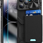 Set de husa si folie de protectie ecran pentru iPhone 14 Pro Max HWeggo, piele PU/sticla securizata, negru, 6,7 inci, 