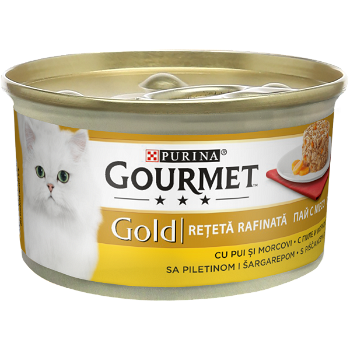 PURINA Gourmet Gold Savoury Cake, Pui cu Morcov, conservă hrană umedă pisici, (bucăți de carne), 85g, Gourmet