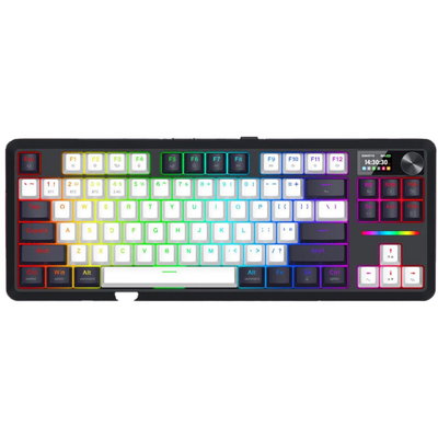 Tastatura gaming mecanica Bluetooth/cu fir Redragon Wildslash LCD Pro, Iluminare RGB, switch-uri liniare Redragon RPC, display OLED 1.41" customizabil, Negru/Alb
