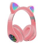 Casti over-ear wireless NYTRO M2, Bluetooth 5.0, Aux IN si microSD, Urechi Pisica cu Lumini RGB, Radio FM, Pink, NYTRO