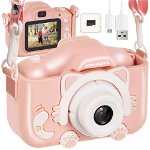Camera Digitala pentru Copii, Kruzzel, Roz cu Tematica Pisica, 3MP, 1080P, Include MiniSD 32GB, 600mAh, Kruzzel