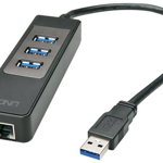 Hub USB LINDY 3 porturi, USB 3.0 + Gigabit Ethernet, Negru, LINDY