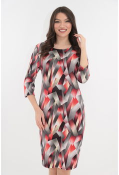 Rochie office cu print abstract rosu-gri