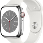 APPLE Watch Series 8, GPS + Cellular, 45mm Silver Stainless Steel Case, White Sport Band