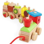 Trenulet din lemn cu cuburi geometrice, fructe si prajituri, OEM