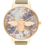 Ceasuri Femei OLIVIA BURTON Womens Marble Florals Leather Strap Watch 34mm SAND 3D FLORAL AND BEE GOLD