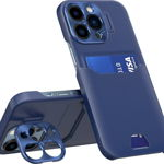 Husa din piele pentru iPhone 14 Pro Max cu suport pentru card si suport in albastru, ForIT