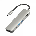 Hub USB Type-C 6 in 1 multiport 2 x USB 3.0 5Gbps HDMI 4K 30Hz Card reader TD si SD Card USB Type-C PD 87W 3A argintiu, krasscom