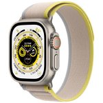 Smartwatch Apple Watch Ultra Cellular, ecran LTPO OLED, Bluetooth, Wi-Fi, GPS, Bratara textil M/L 49mm, Carcasa titanium, Rezistent la apa 10ATM (Bej/Galben), Apple