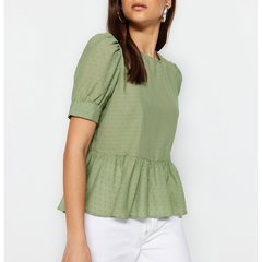Trendyol, Bluza cu buline, decolteu la baza gatului si terminatii cu volane, Mint