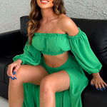 Compleu plaja Naila fusta decupata si top cu maneca lunga bufanta, Verde smarald, Marime S/M, FashionForYou