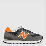 New Balance, Pantofi sport de piele intoarsa, cu garnituri de plasa 574, Gri inchis/Bleumarin/Oranj, 7.5