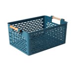 Cutie depozitare plastic tip cos cu manere lemn, 36,5x24x16 cm, albastru, Happymax, 