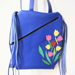 Rucsac handmade albastru electric , cu lalele colorate, Shopika