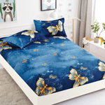 Husa de pat cu elastic din Bumbac Finet + 2 Fete de Perna, Albastru, Butterfies, JOJO HOME