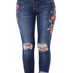 CL669-444 Jeans skinny cu floare brodate pe un picior, 