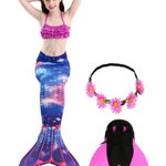 Set 5 piese Costum Sirena Ariel THK®, include top, slip, coada sirena, coroana cu flori si Inotatoarea pentru fixarea cozii, Albastru/Mov, 120 cm