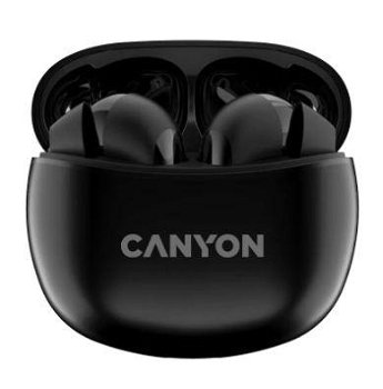 Căști Canyon CANYON TWS-5, căști Bluetooth, cu microfon, BT V5.3 JL 6983D4, răspuns în frecvență: 20Hz-20kHz, acumulator EarBud 40mAh*2+Carcasă de încărcare 500mAh, lungime cablu tip C 0.24m, dimensiune: 58.915*522 *25,5 mm, 0,036 kg, negru, Canyon