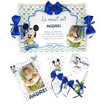 Set mot Baby Mickey Mouse, 7 piese, personalizat, din lemn, cu fundite albastre si ornamente multicolore DSPH004