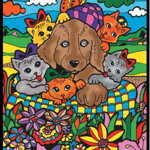 Planșă de colorat din catifea, cu 12 carioci – Căței și pisici (47 x 35 cm)
