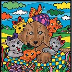 Planșă de colorat din catifea, cu 12 carioci – Căței și pisici (47 x 35 cm)